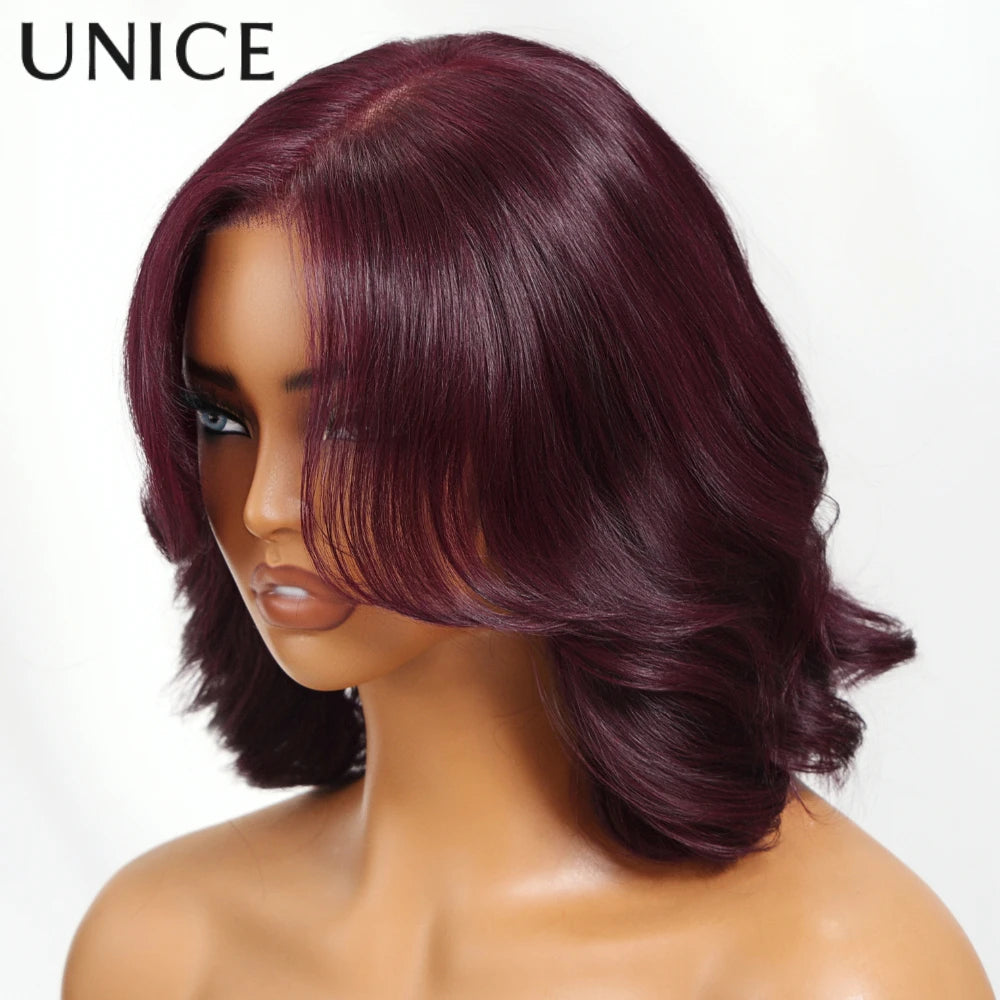 UNICE Hair Black Cherry Wavy Bob Wig With Face-framing Layers 7x5 Lace Pre Cut Pre Bleached Glueless Wig Human Hair 150% Density