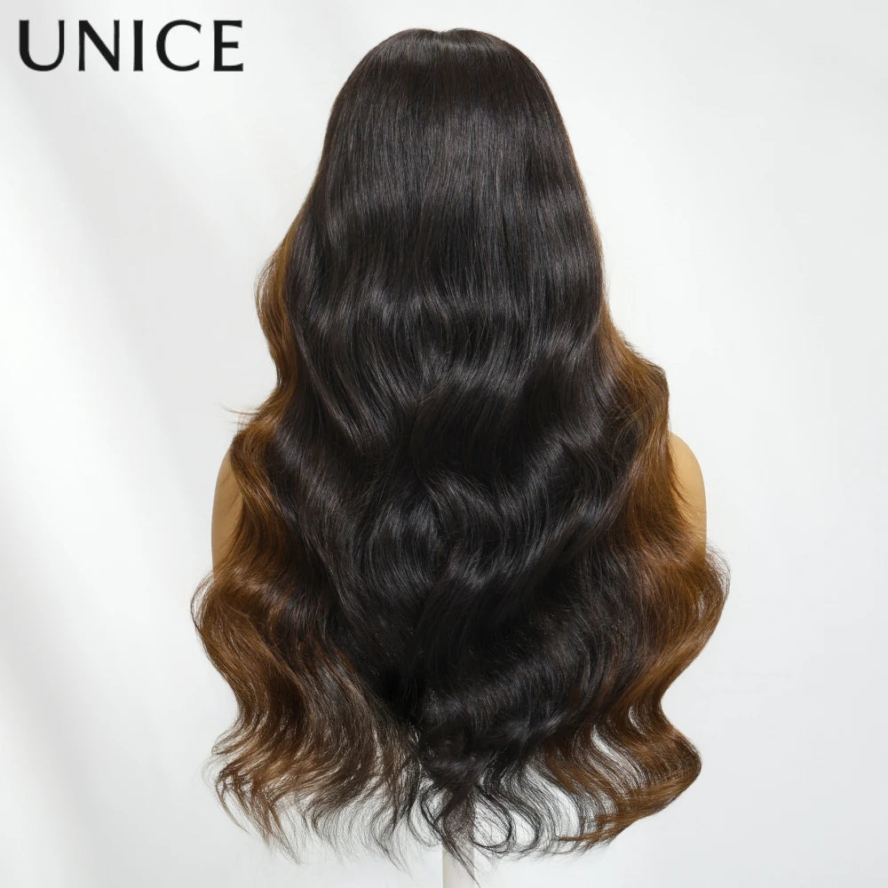 UNICE Hair Brown Money Piece Fluffy Loose Wave Curtain Bangs Wig 13x4 Pre Cut Pre Bleached Glueless Wig Human Hair 150% Density