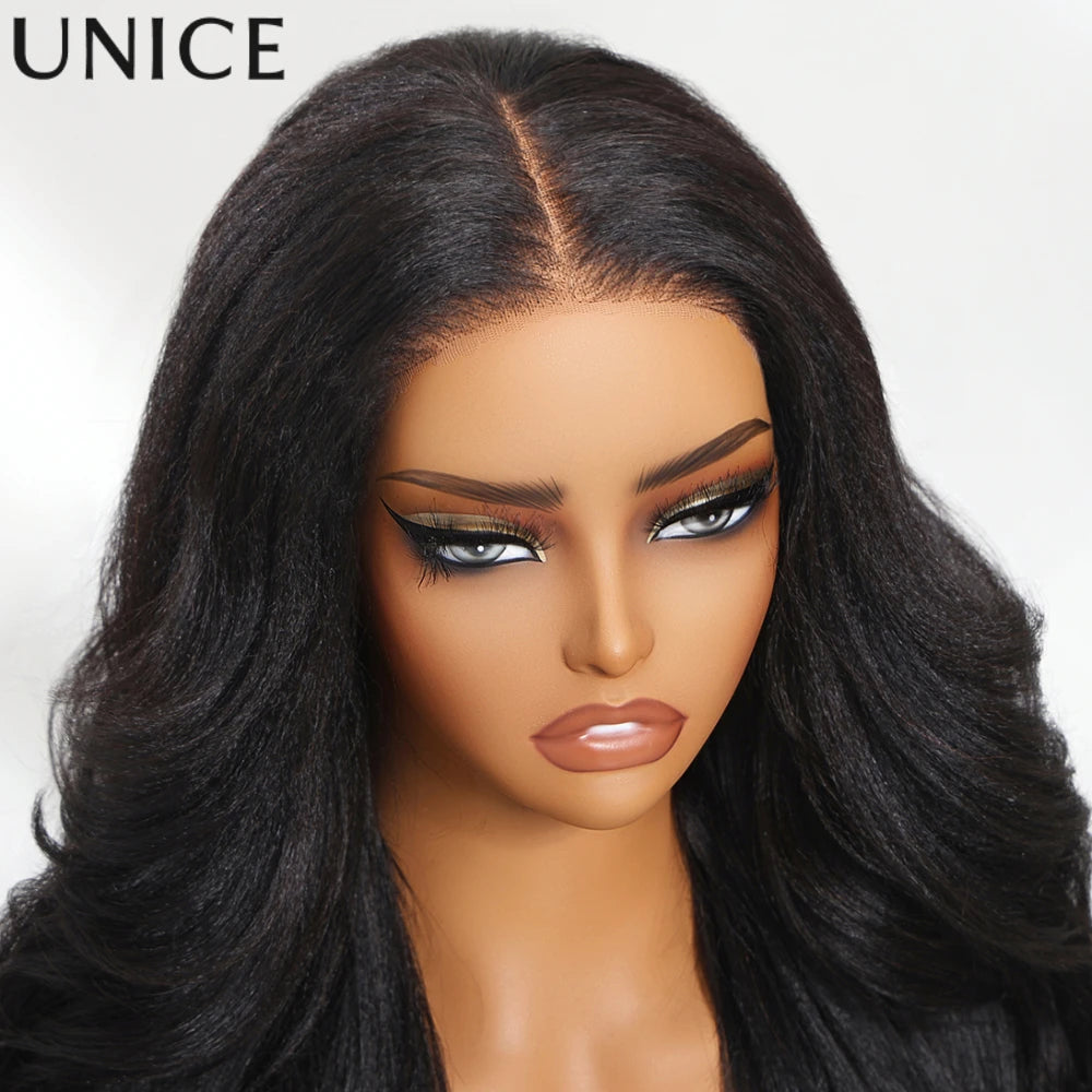 Unice Hair Wavy Yaki Straight Wig With Flip Out Bang 7x5 Pre Cut Pre Bleached Glueless Wig Human Hair Ready To Wear 150% Density