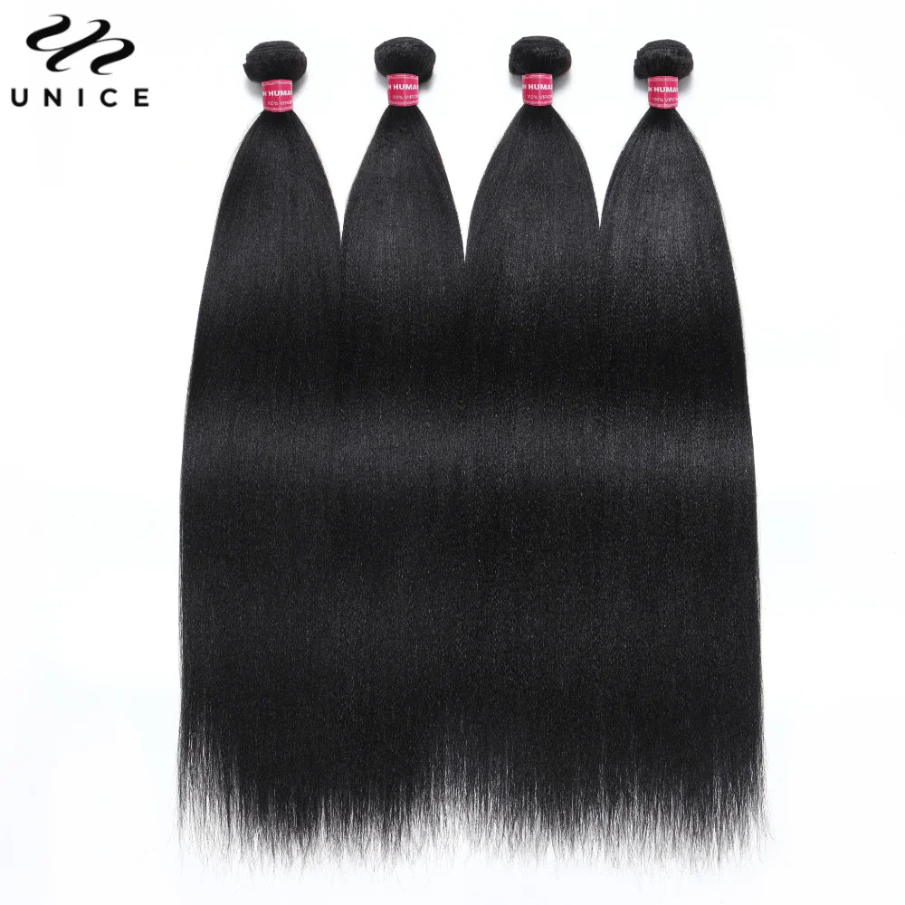 UNice Hair Yaki Straight Hair Bundles 4PCS Deal Natural Color 100% Human Hair Bundles Quick Weaves Sew In Human Hair Extensions