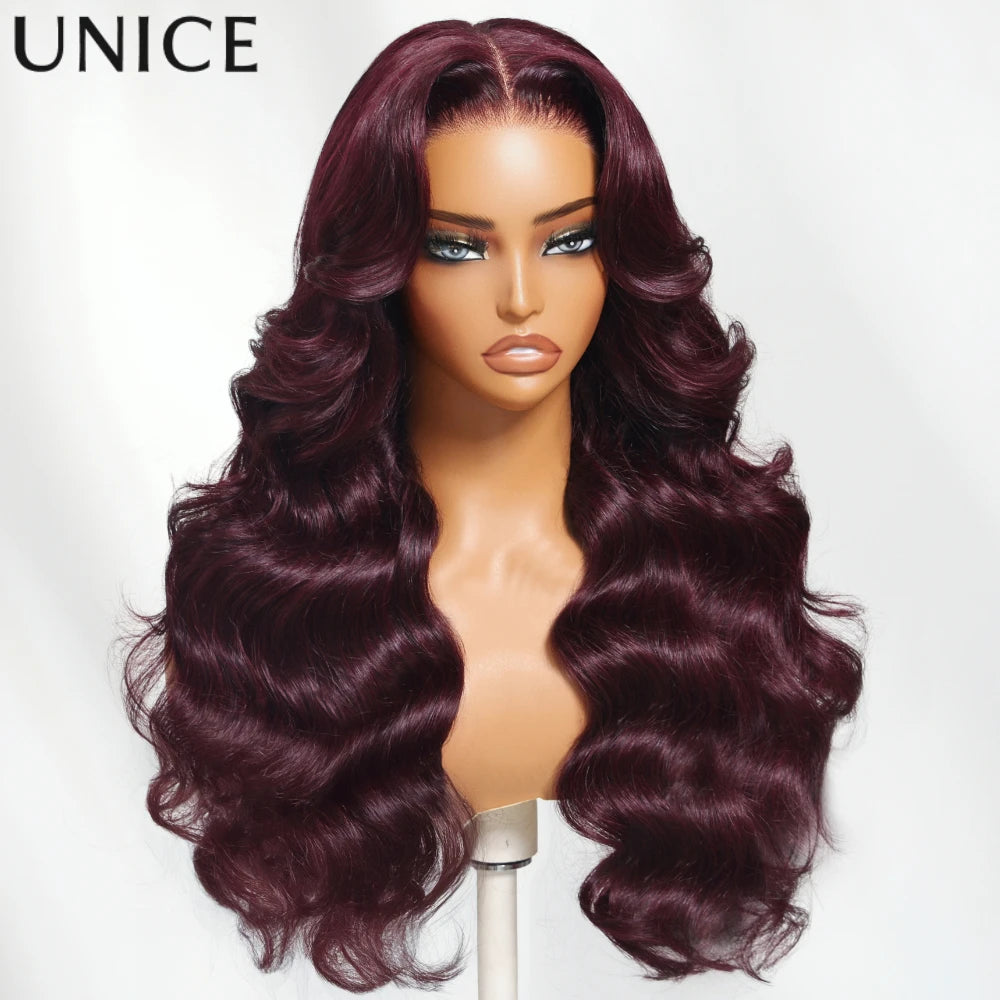 UNICE Black Cherry Loose Wave Curtain Bangs Wig With Invisi Drawstring 7x5 13x4 Pre Cut Pre Bleached Glueless Wig Human Hair