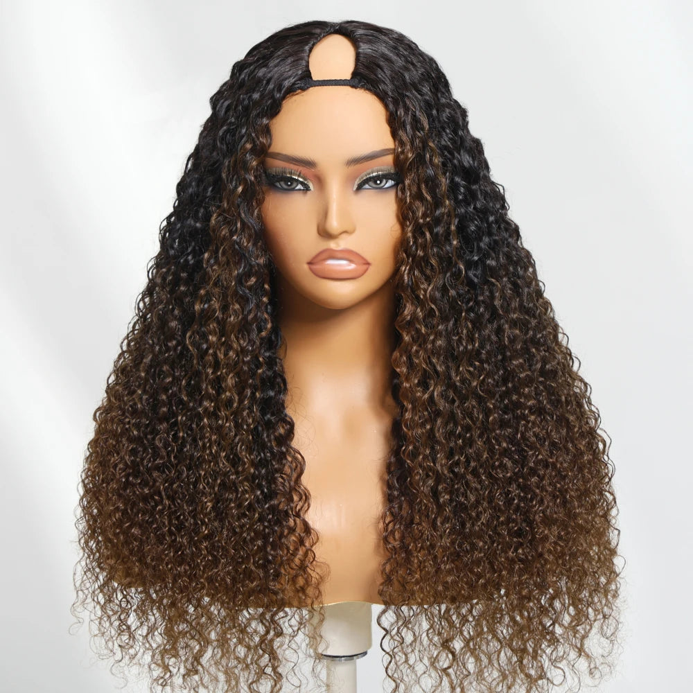 UNICE Hair Jerry Curly V Part Wig Human Hair Upgrade U Part Wig EasiContour Minimal Leave-Out Super Natural 100% Human Hair Wig