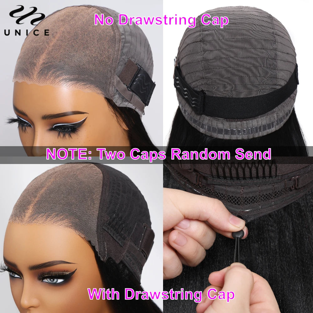 UNice Bye Bye Knots Wig Yaki Straight 7x5 Lace Wig With Elastic Drawstring Glueless Wig Human Hair Ready To Wear Go 150% Density