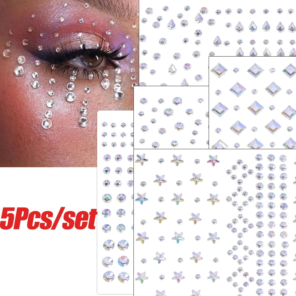 5Pcs/lot Mixed Shinying Girl Nail Glitter Face Stickers Rhinestone 3D Colorful Random Nail Face Crystal DIY Makeup Face/Body Dia