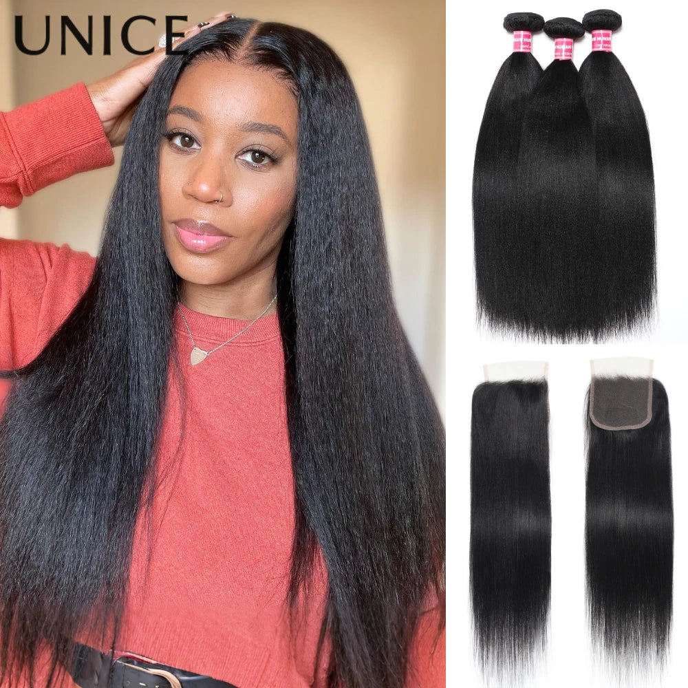 UNICE Hair Yaki Straight Human Hair Bundles With Closure Deal 2/3/4 PCS Bundles Hair And 1PC Free Part 4x4 Inch Lace Closure