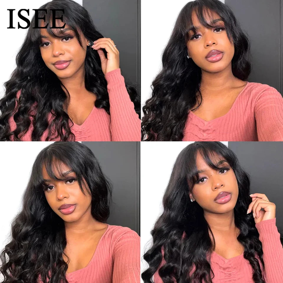 ISEEHAIR Body Wave Wigs Natural Color For Women Wigs Peruvian Body Wave 100% Human Hair Wigs Machine Made Wig With Bangs