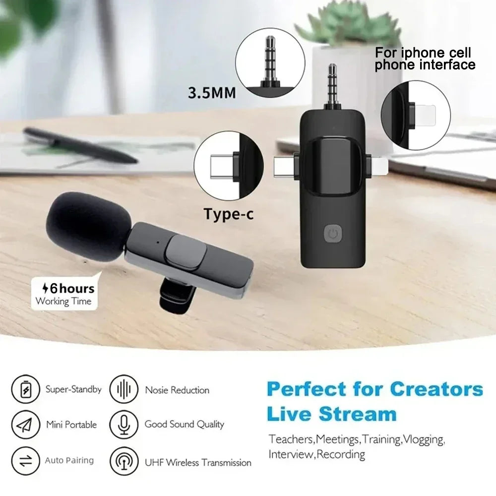 Basix Professional 4in1 Wireless Lavalier Microphone for iPhone Android 3.5mm for Live Recording Noise Cancelling Mini Microphon