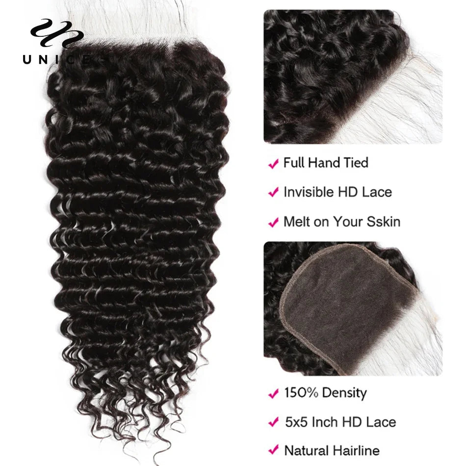 UNice Hair Deep Wave 5x5 HD Lace Closure With 3PCS Bundles 100% Human Hair Bundles With Closure Deal