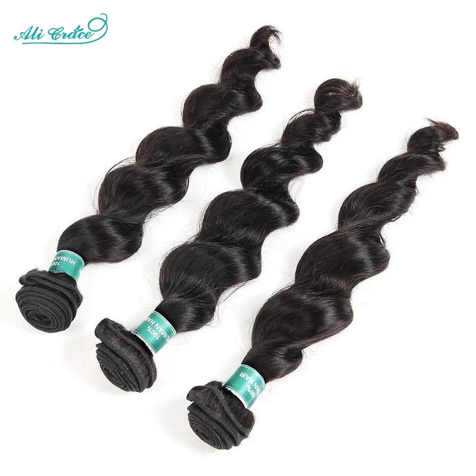 Ali Grace Hair Brazilian Loose Wave Bundles With Closure Transparent 100% Remy Hair 3 Bundles With 4x4 Lace Closure Middle/Free