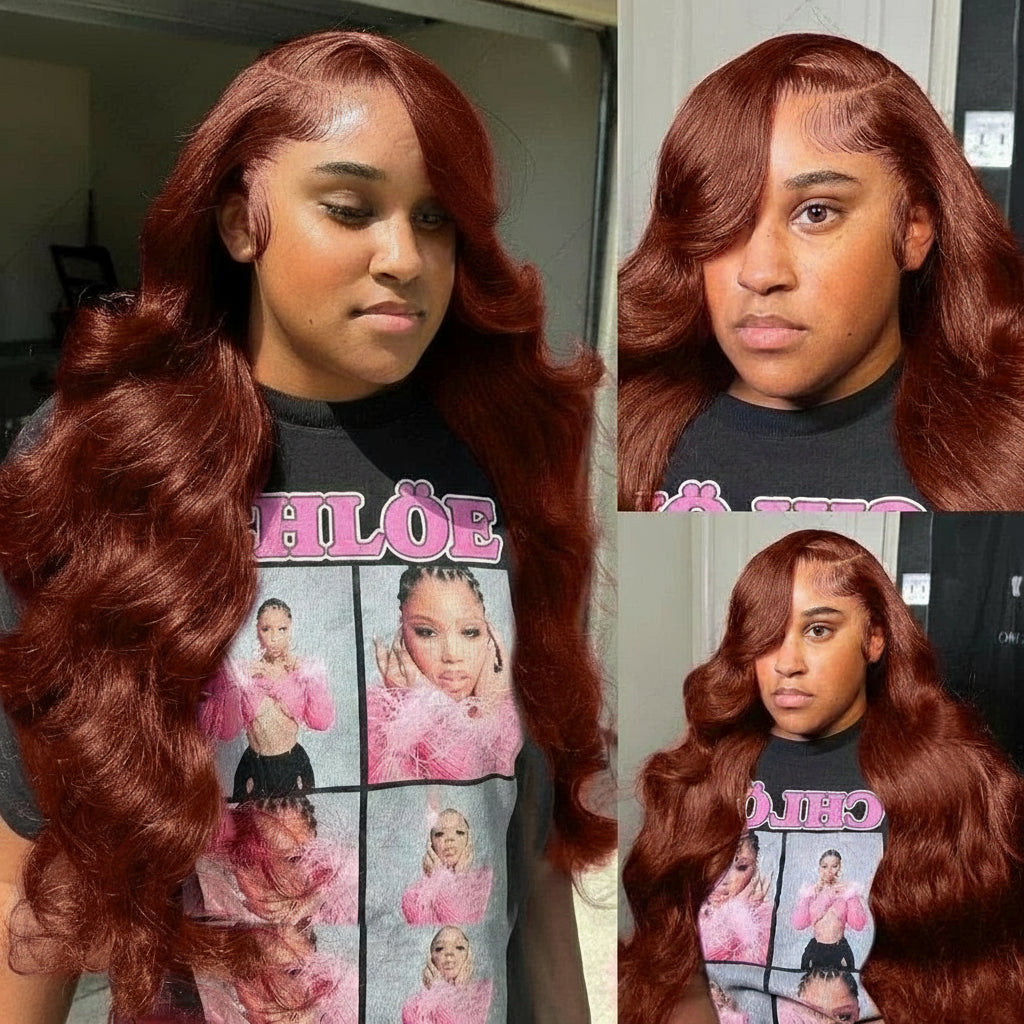 Premium 250% Density Auburn Reddish Brown Body Wave Lace Front Wig - 30-32 Inch Brazilian Human Hair HD Lace Wig
