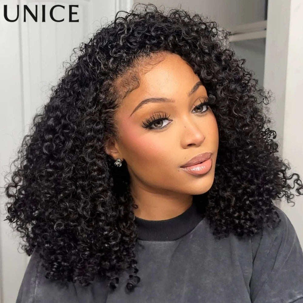 UNICE Hair Drawstring Kinky Curly Half Wig With 4C Edges Hairline Seamless Flip Over Human Hair Wig Beginner Friendly