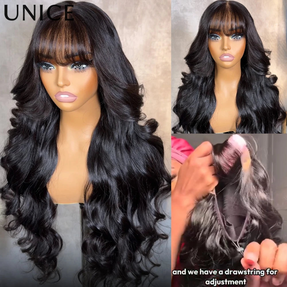 UNice 13x4 Pre-Everything™ Lace Frontal Pull And Go Black Fluffy Natural Loose Wave Curtain Bangs Wig With Free Ear Tape