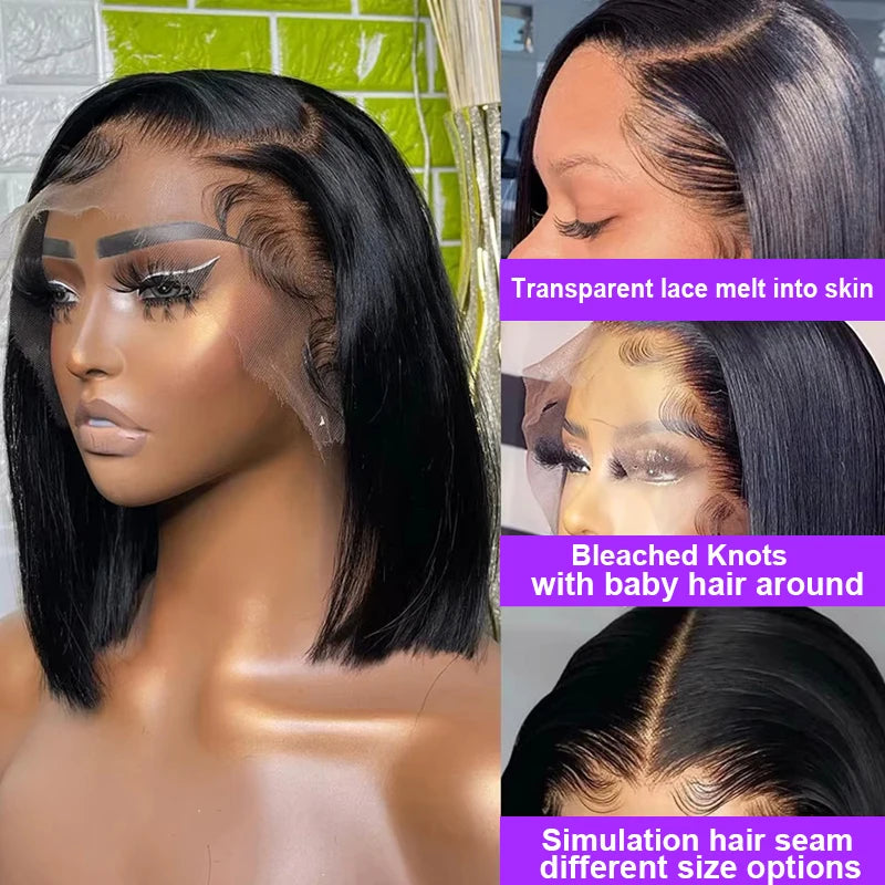 13x4 Lace Front Bob Wig Human Hair 200 Density Brazilian Virgin Straight Hair Wig Pre-Plucked Natural Black