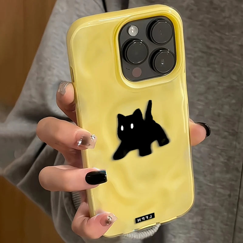 Cute Black Fuzzy Cat Shockproof Phone Case For iPhone 17Air 16 15 14 12 13 11 Pro Max Candy Color Wave Pattern Protective Cover