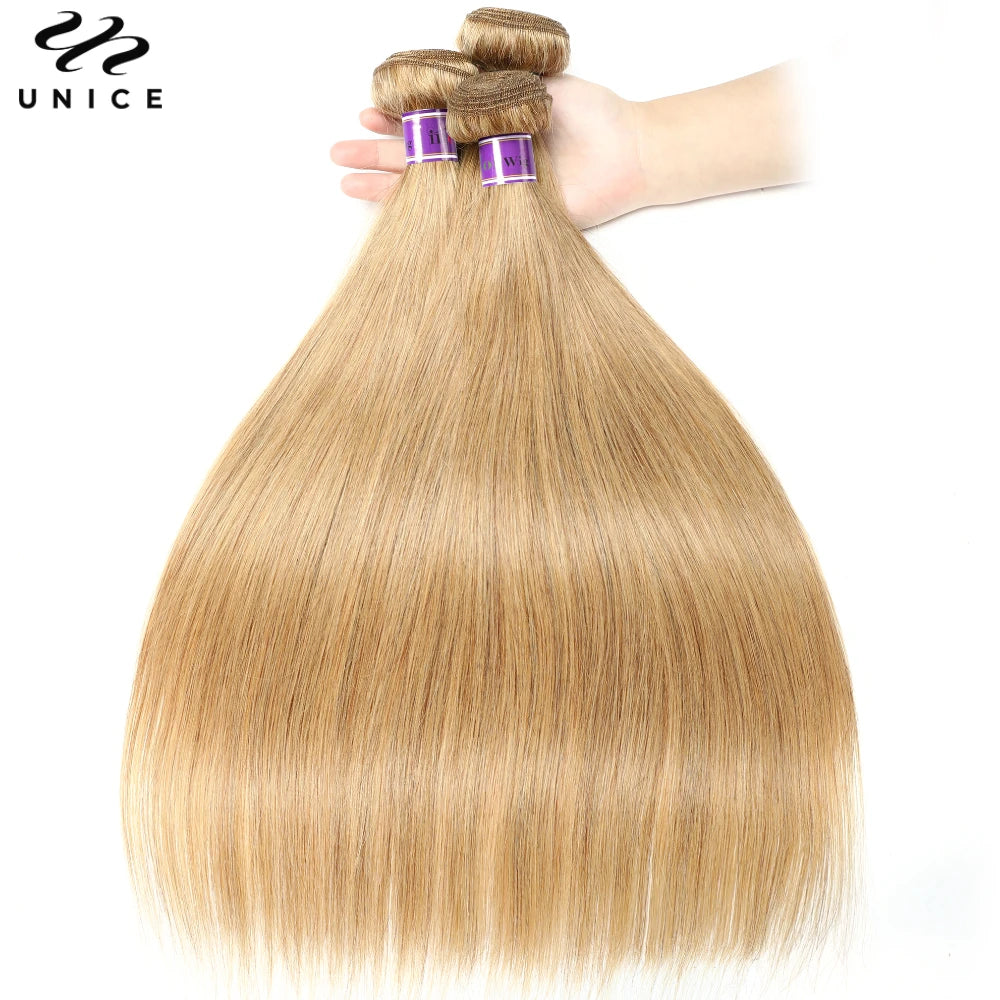 UNice #27 Honey Blonde Straight Bundles 1/3/4 PCS Deal 100% Human Hair Bundles 100Grams Per Bundle Sew In Quick Weaves