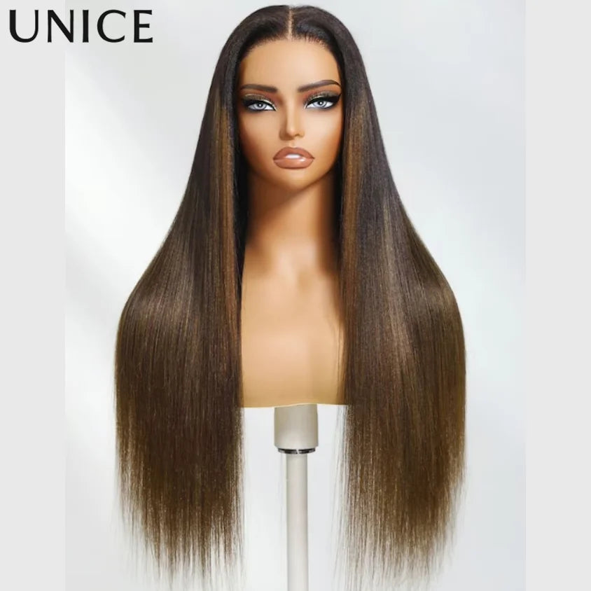 UNICE 7x5 & 13x4 Pre Cut Pre Bleached Glueless Wigs Human Hair Drawstring Cap Chesnut Brown Ombre Yaki Straight Wig 150% Density