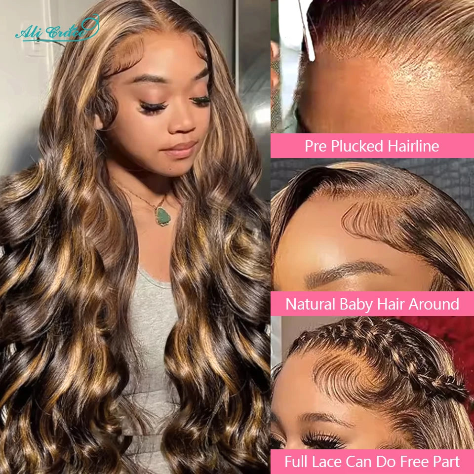 Ali Grace Body Wave Lace Front Human Hair Wigs Highlight Brown Body Wave 4x4 Lace Closure Wig 13x4 Lace Front Wigs for Women