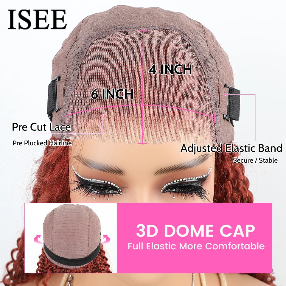 ISEE HAIR Wig Reddish Brown Wear Go Glueless Human Hair Wigs Mongolian Kinky Curly 6x4 Lace Glueless Human Hair Wigs Ready To Go