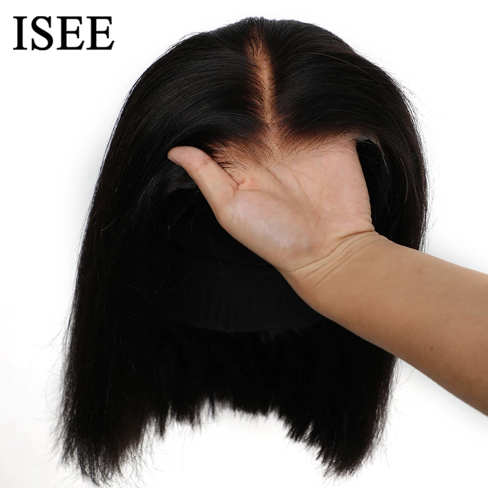 ISEE HAIR Wear And Go Glueless Human Hair Wig Bob HD Lace Straight Short Bob 7x5 Lace Frontal Pre Plucked Human Wigs Ready To Go