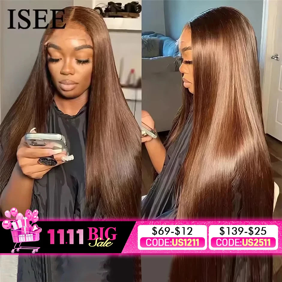 ISEE Hair Wig Brazilian Straight Chocolate Brown Lace Front Wig 13x4  Colored Wig Human Hair 4x4 Closure Wig On Sale Clearance