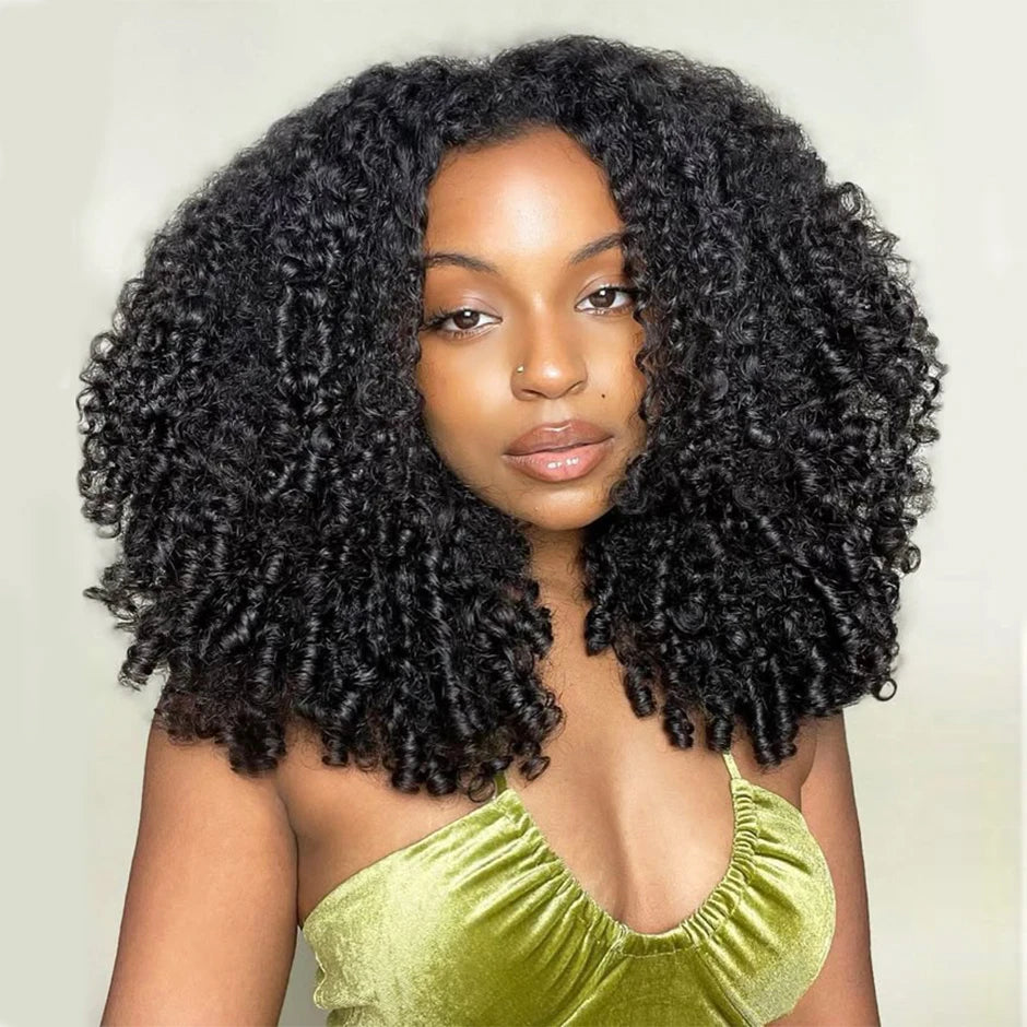 ISEE Hair 3 IN1 Half Wigs Human Hair Burmese Curly Headband Wig Upgrade Glueless Wigs With Drawstring Seamless Clip Flip Over