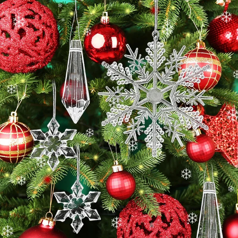 5-48Pcs Christmas Ornaments Crystal Tree Decorations Transparent Ice Strip Pendant DIY Teardrop Chandelier Xmas Wedding Beads