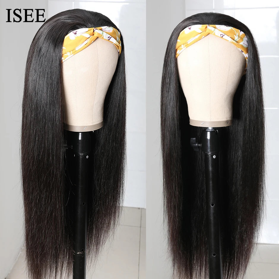 Straight Women's Headband Wig Malaysian Human Hair Wig Straight No Lace Scarf  Wigs NO Glue Natural ISEE HAIR Wig For Female