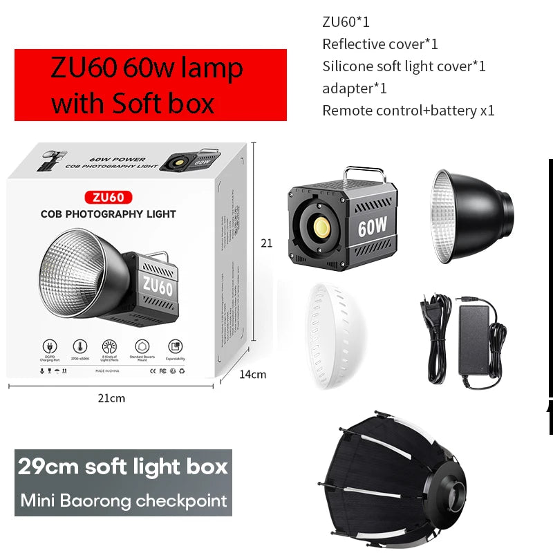 ZU80/ZU60 Photo Studio Light COB Bi-Color 2500-8500K CRI≥95 TLCI≥97 With Diffuser LED Video Lights Fill Lighting