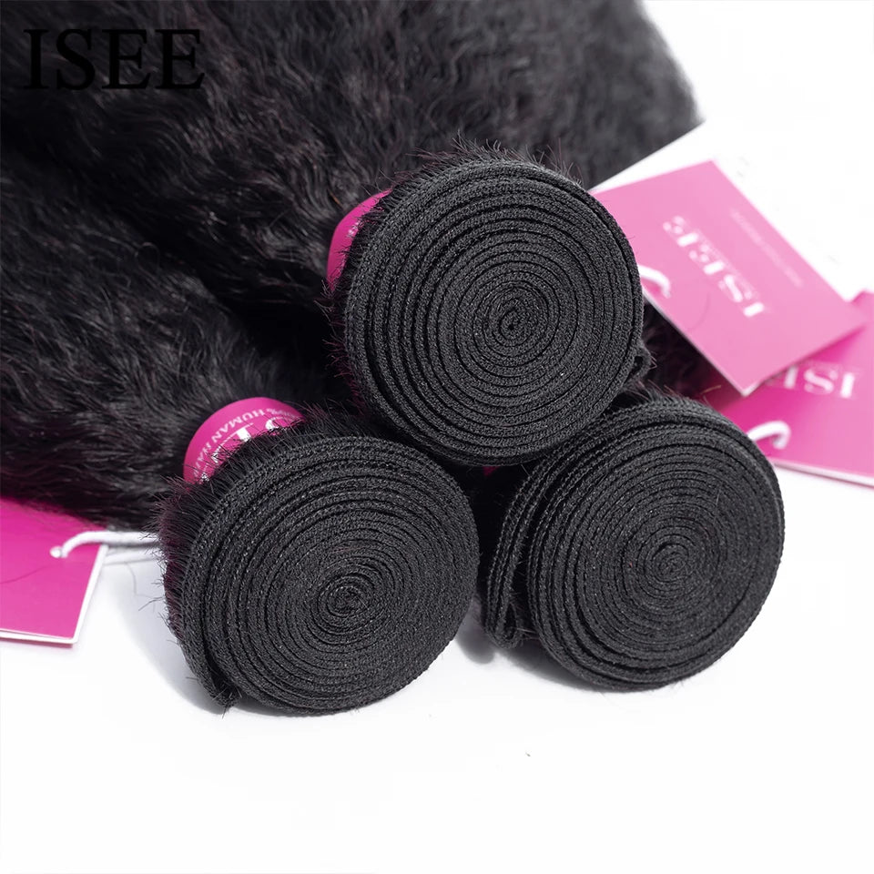 ISEE HAIR Mongolian Kinky Straight Bundles 100% Human Hair Extensions 100% 1/3/4 Bundles Deal Remy Natural Hair Bundles