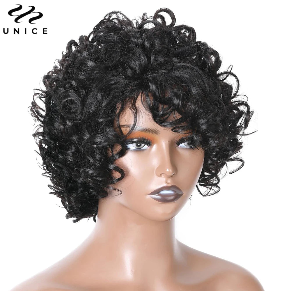 Unice Hair Curly Human Hair Wigs Pixie Cut Bob Wig 10 Inch Full Machine Made Short Human Hair Wigs