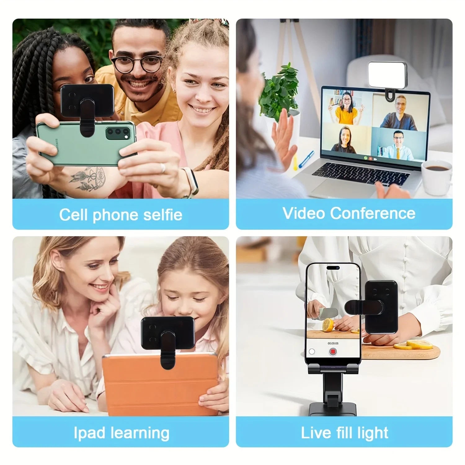 Selfie Fill Light – Mini Clip-on LED, Rechargeable, 3 Color Modes & Adjustable Brightness for Phones & Computers