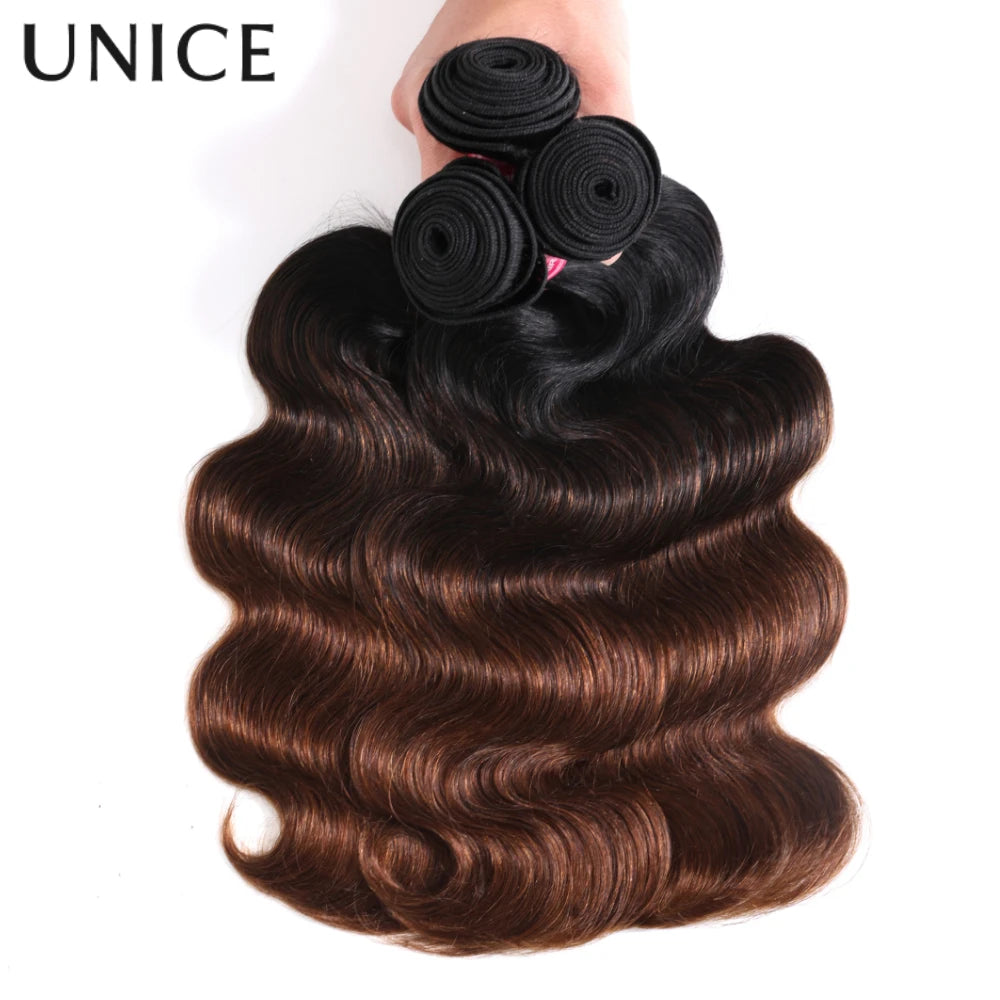 UNICE Hair Chestnut Brown Body Wave Human Hair Bundles With Closure 2/3/4 PCS Hair Bundles With 4x4 Lace Closure