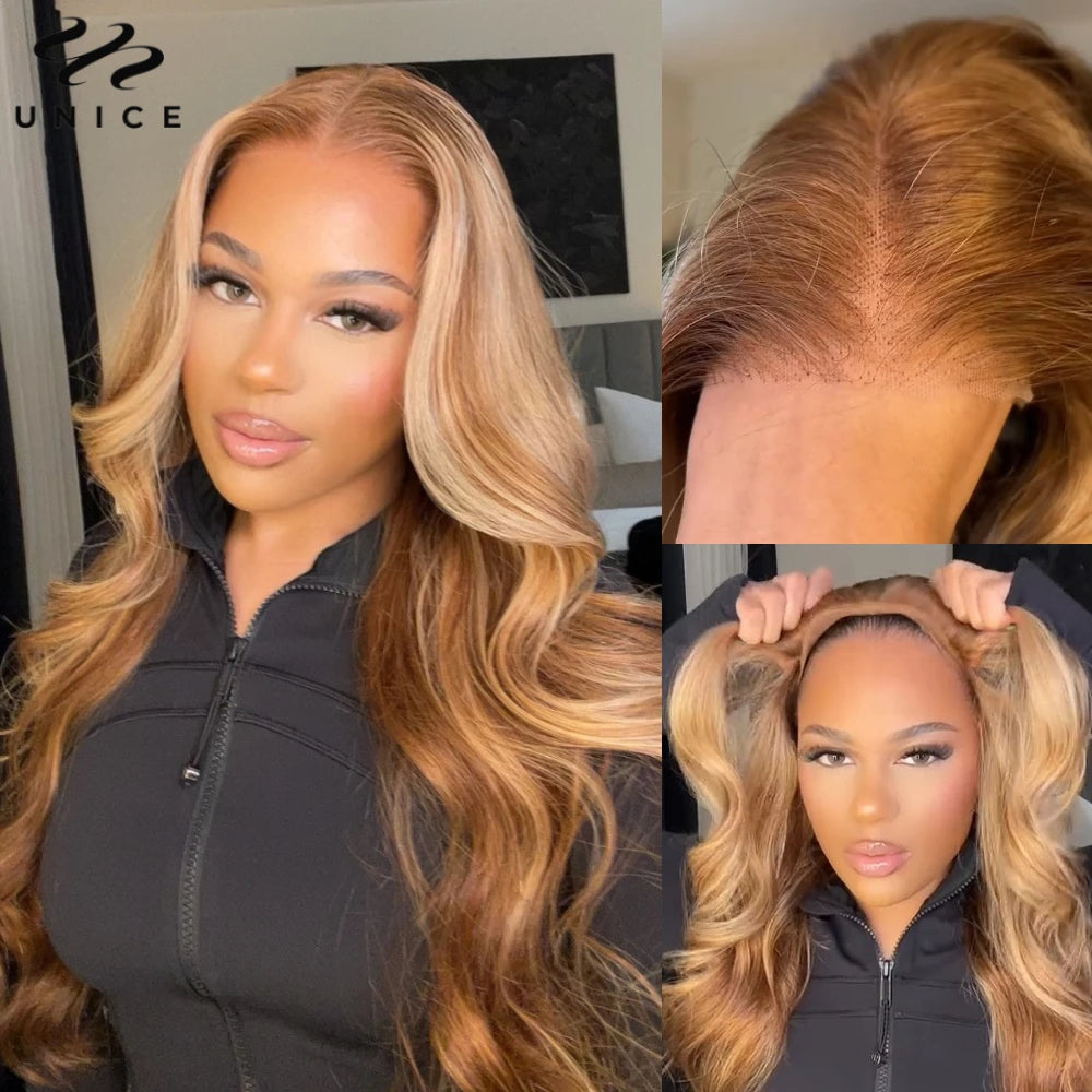 UNice Bye-Bye Knots Wig Pre Cut Pre Bleached 7x5 Lace Closure Wig Human Hair Honey Blonde Body Wave Glueless Wig With Drawstring