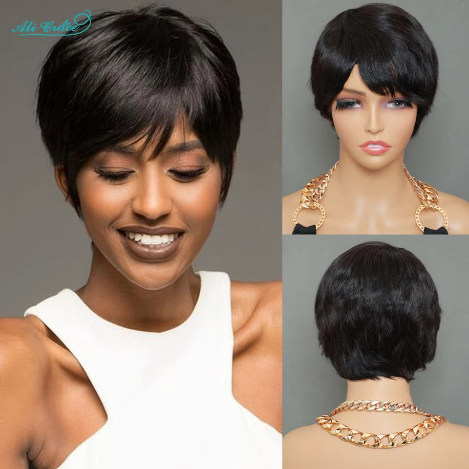 Short Bob Pixie Cut Wigs For Black Women Straight Human Hair Machine Made Wigs With Bangs Brazilian Remy Hair Wig Ready To Go