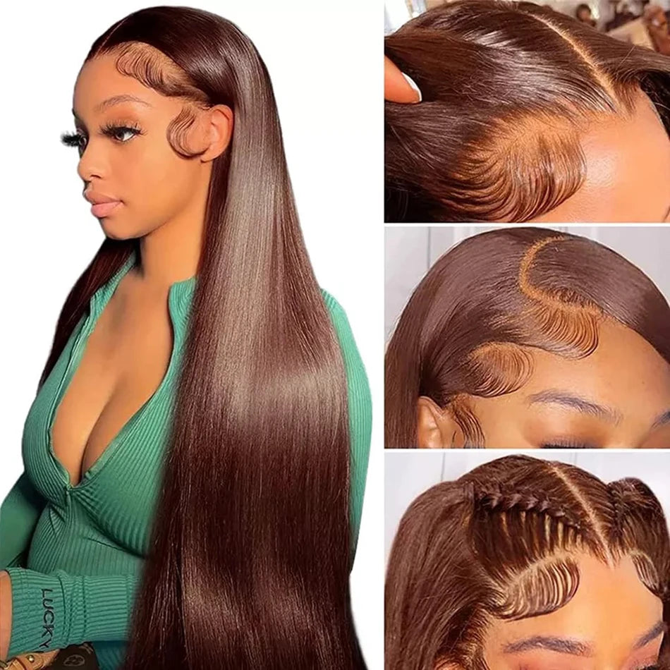 Premium Chocolate Brown Colored 13x4 HD Lace Front Human Hair Wigs Tuneful 30 Inch Raw Indian Straight Human Hair Frontal Wigs