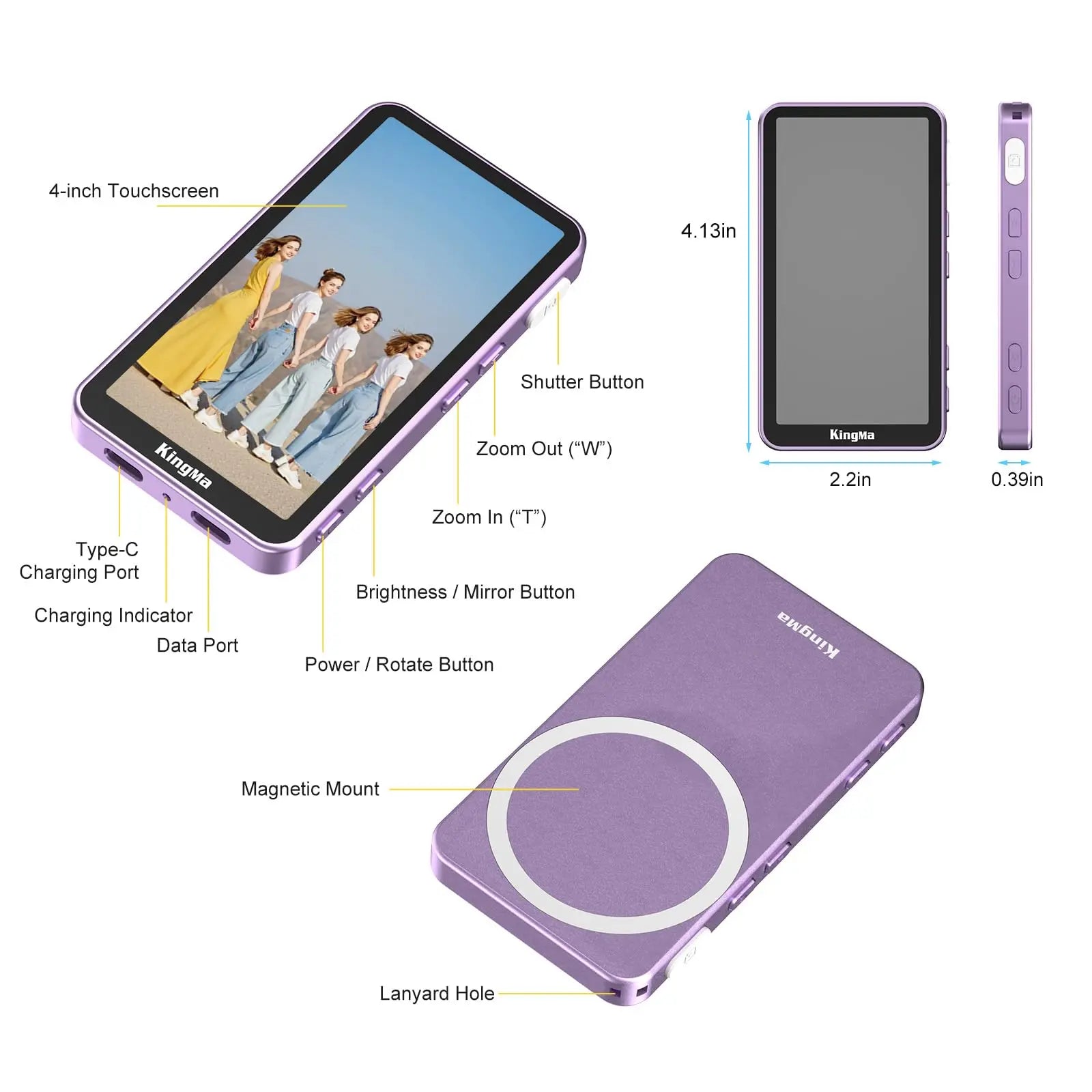 KingMa Magnetic Phone Vlog Selfie Touchscreen Monitor, with Zoom, Wireless Recording, Phone Rear Camera for iPhone Selfie TikTok