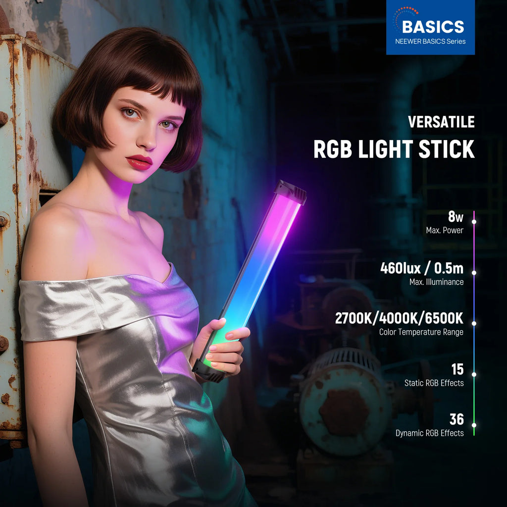 NEEWER Basics 12" Magnetic RGB Light Wand, 2700K/4000K/6500K CRI95 8W LED Dimmable Handheld Tube Light Stick 2000mAh