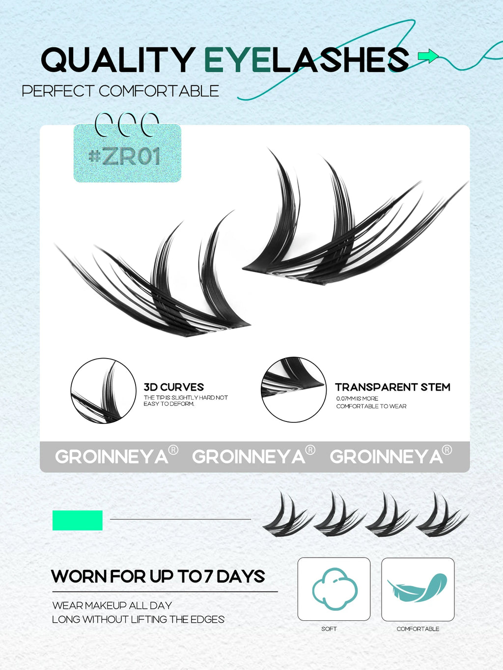GROINNEYA Cluster Eyelashes Cat Eye Lashes Natural long Lashes Individual Lashes Mixed Tray Eyelash Extension Diy Lashes