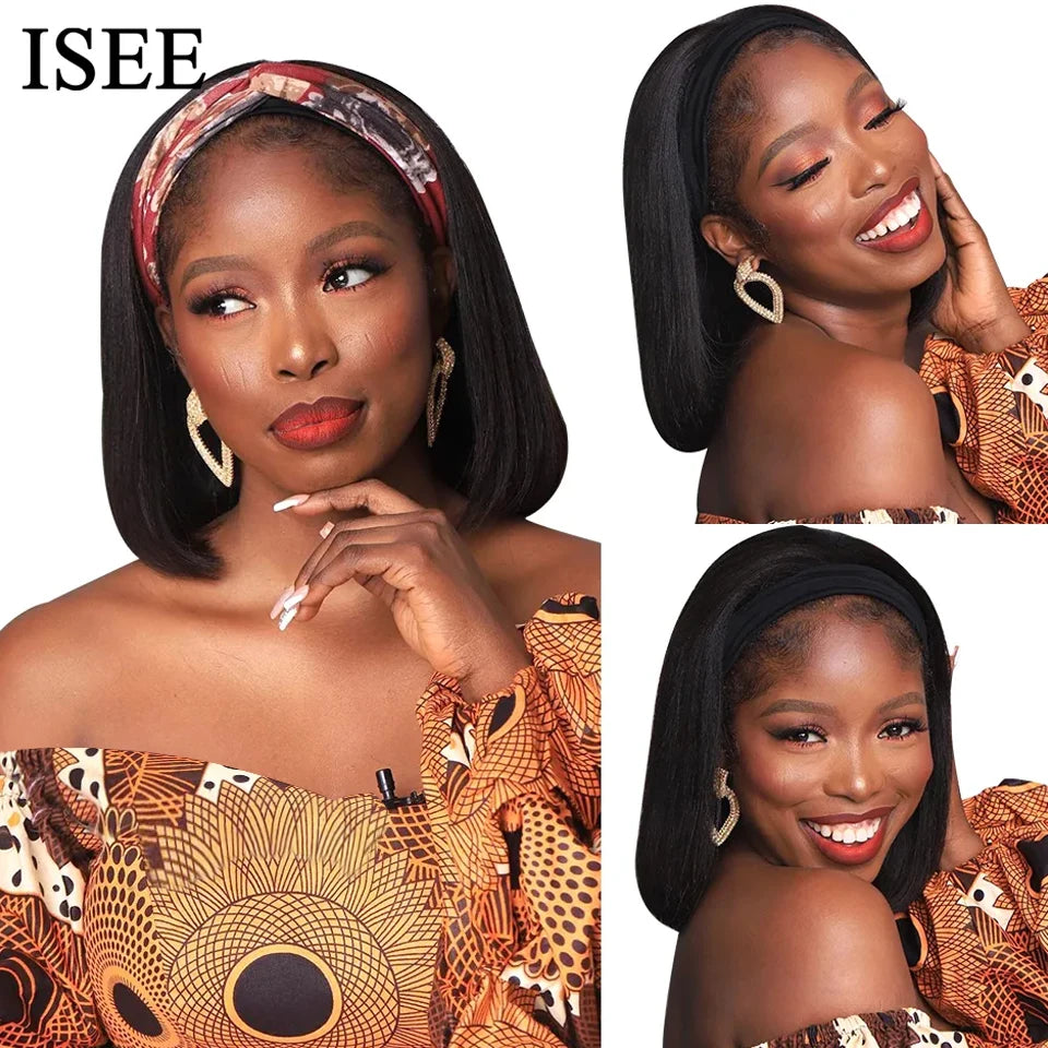 ISEE HAIR Wig Straight Women's Headband Wig Human Hair Brazilian Bob Wig Straight Non Lace Scarf Wig Glueless Natural For Female