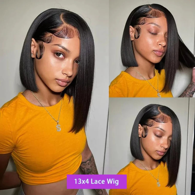 13x4 Lace Front Bob Wig Human Hair 200 Density Brazilian Virgin Straight Hair Wig Pre-Plucked Natural Black