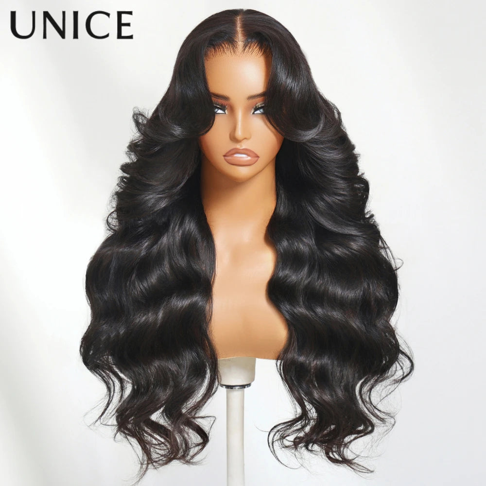 UNICE Hair 13x4 HD Real Scalp Wig Drawstring Cap Loose Wave with Face Framing Curtain Bangs Pre Cut Pre Bleached Glueless Wig