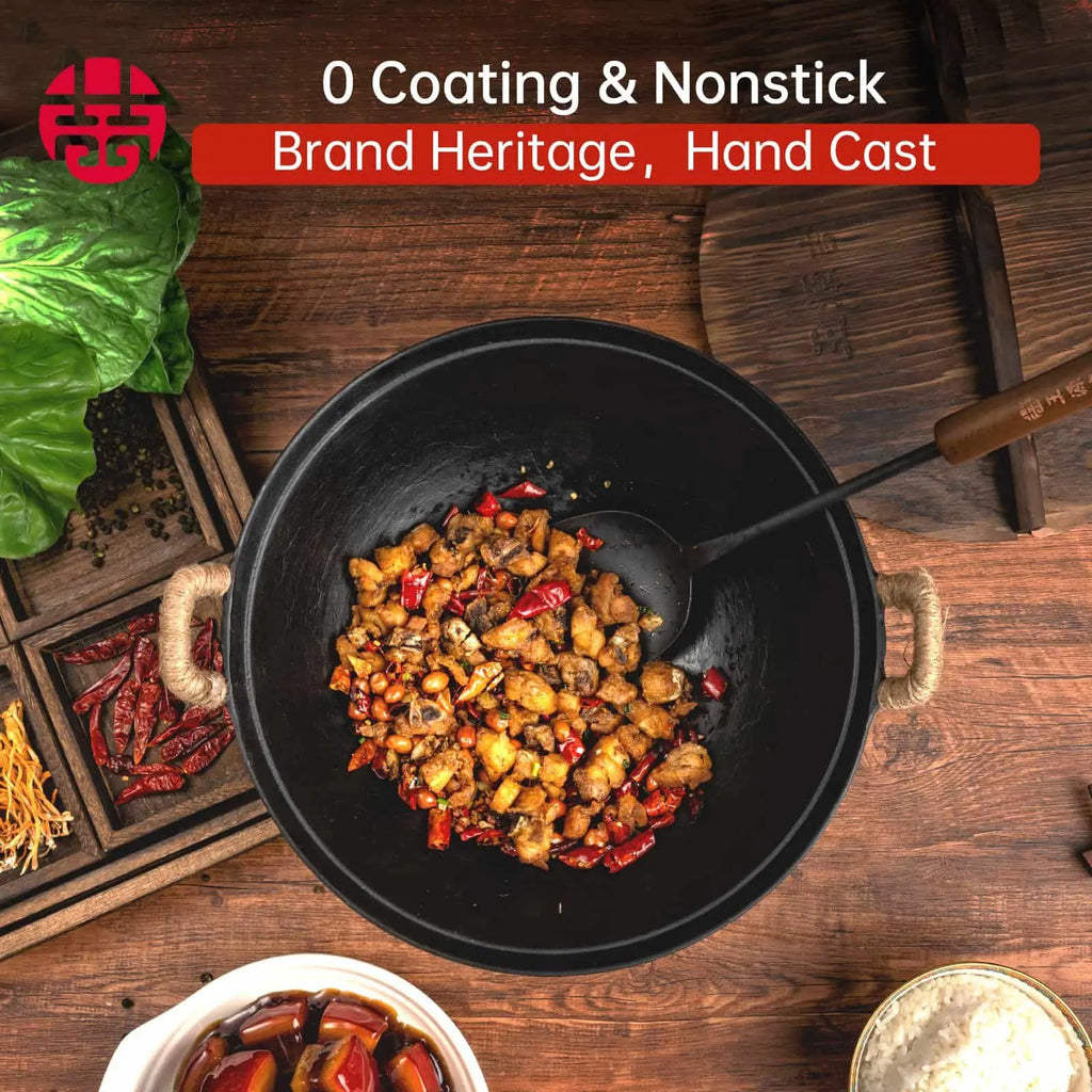 WANGYUANJI 14.2"Handmade Cast Iron Wok, Chinese Traditional Round Bottom Wok with Dual Handle, Suitable for All Cooktops, Uncoat