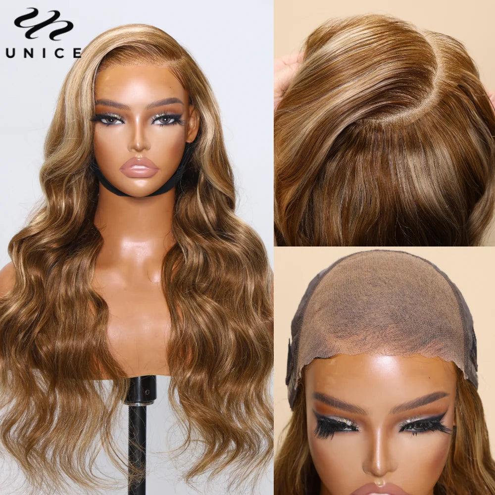 UNice Bye-Bye Knots Wig Pre Cut Pre Bleached 7x5 Lace Closure Wig Human Hair Honey Blonde Body Wave Glueless Wig With Drawstring