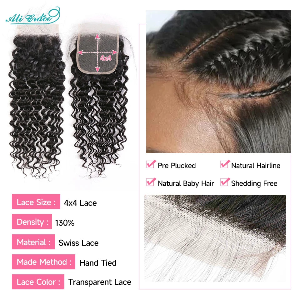 Ali Grace Hair Brazilian Deep Wave With Closure 3 Bundles Deep Wave Hair With Closure 4x4 Lace Closure Remy Hair Extension