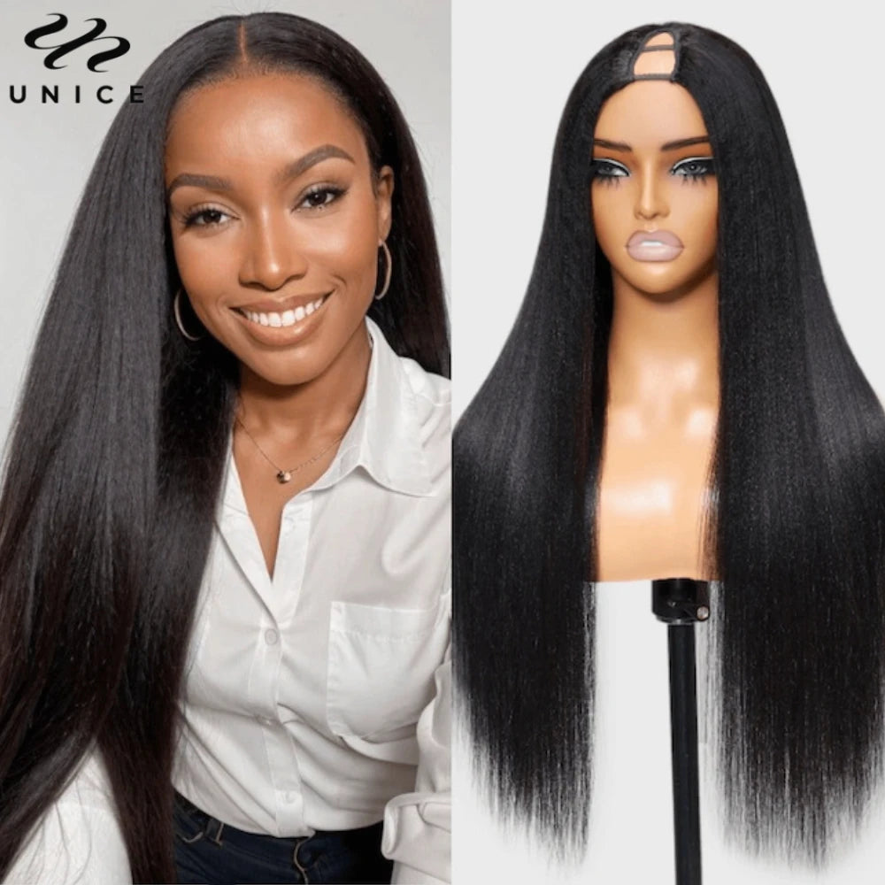 Unice Hair EasiContour Yaki Straight V Part Wig 100% Human Hair Clip In Half Wig No Glue Mini Leave Out Wig Read To Wear Go