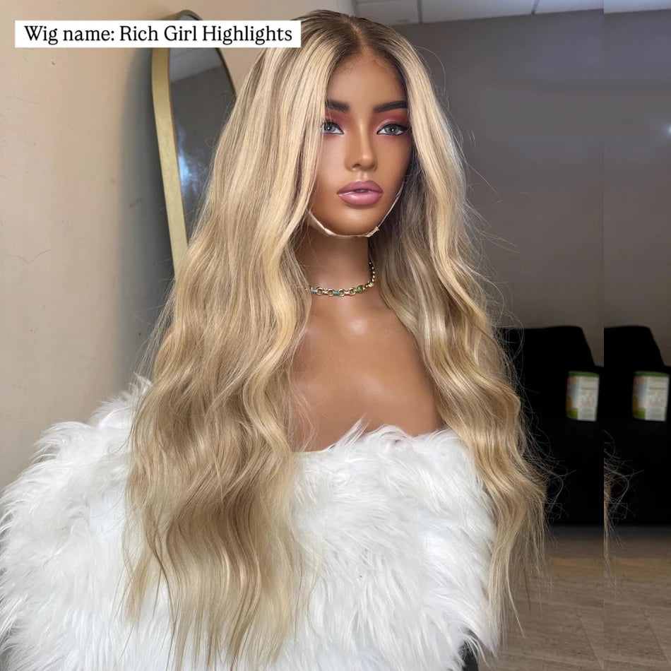 Salon Quality Tuneful Rich Girl Highlights Hairstylist Colored Wavy Human Hair Wigs 13x6 HD Lace Front Human Hair Frontal Wigs