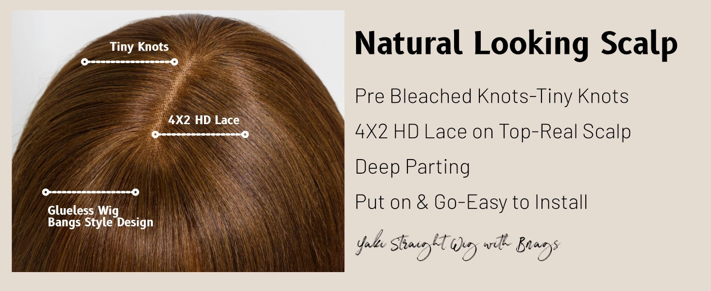 Unice Hair Yaki Straight #4 Brown Human Hair Wig With Bangs Layered Cut Middle Part 4x2 Lace Front Human Hair Wig 150% Density