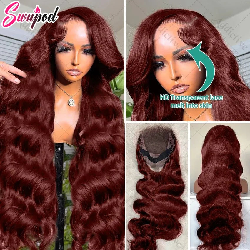 Premium 250% Density Auburn Reddish Brown Body Wave Lace Front Wig - 30-32 Inch Brazilian Human Hair HD Lace Wig