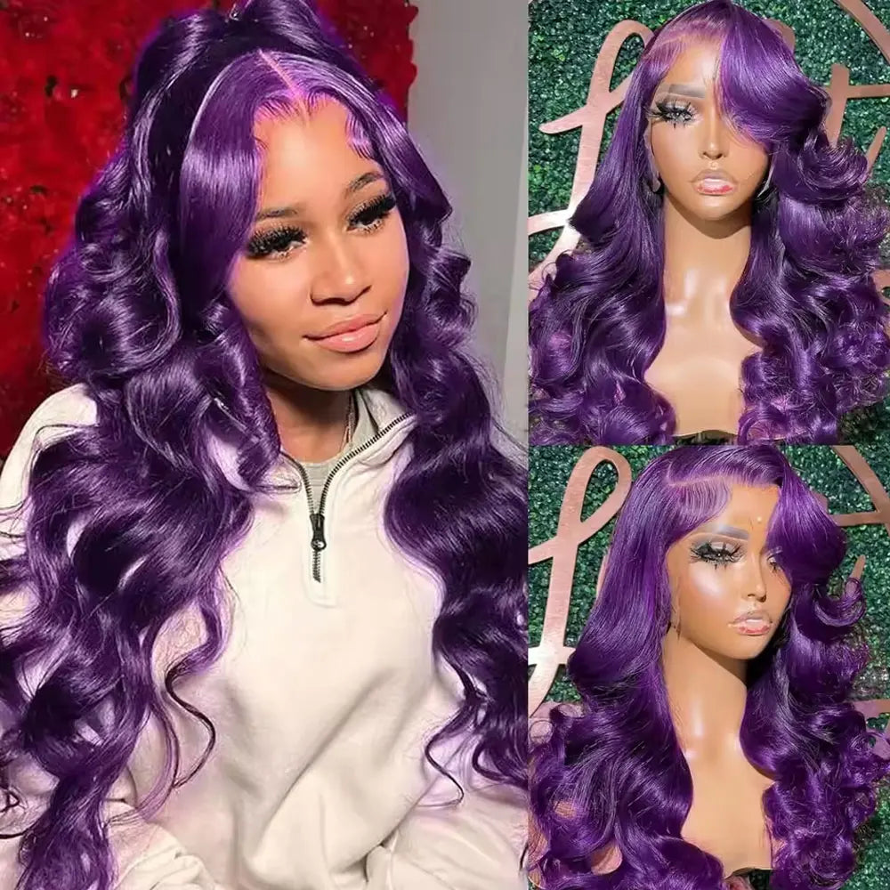 Premium Dark Purple Body Wave Wig - 13x4 HD Lace Front Human Hair Wig 200% Density Brazilian Remy Hair