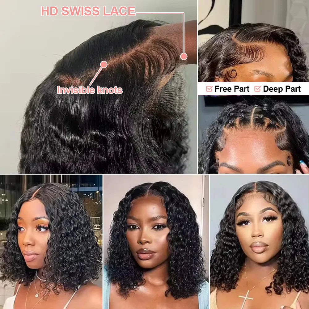 250 Density Water Curly Short Bob Wig Glueless Human Hair Brazilian Deep Wave 13x4 13x6 HD Lace Frontal Human Hair Wig For Women